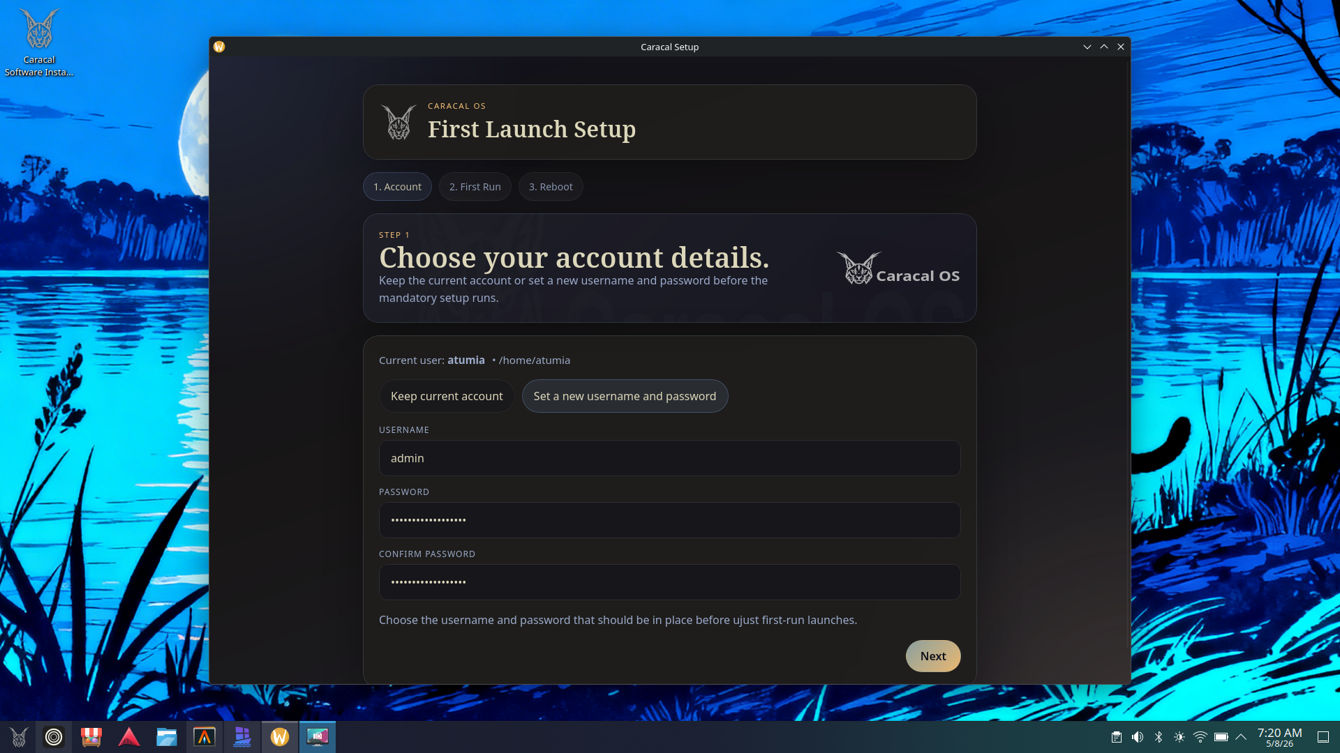 Caracal first-run setup wizard window